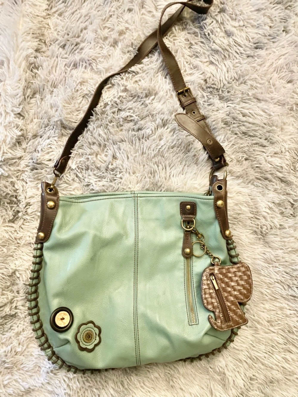 Chala Mint Green Large Crossbody Bag with Dog Charm and Brown Trim- EUC